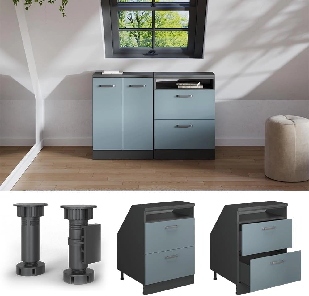 Mobile sottotetto Rion, Grigio-blu, 60 x 81.6 cm con 2 cassetti, carcassa 60 cm profondità, adatto per il salvaspazio sotto tetti spioventi