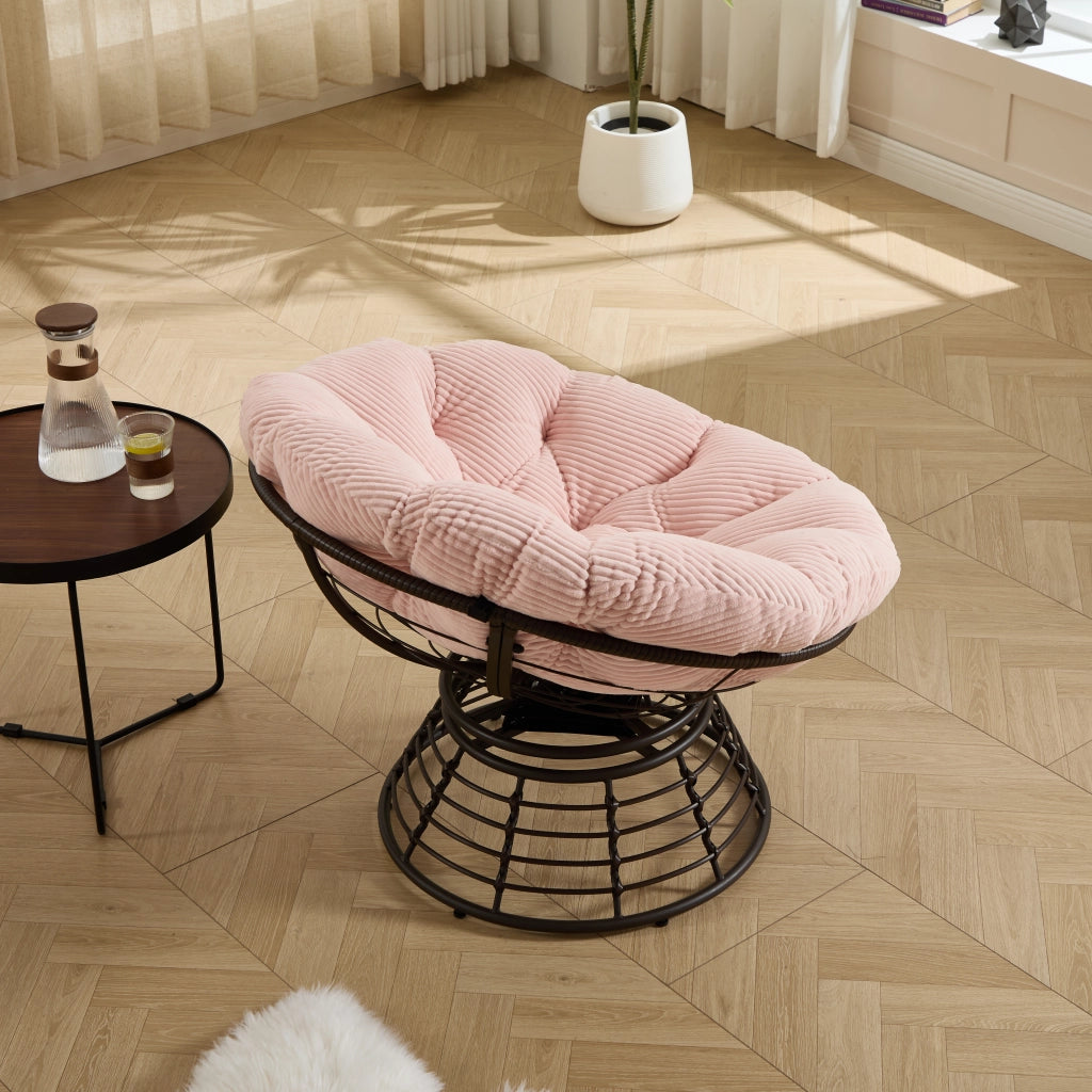 Poltrona Papasan girevole in vimini telaio marron cuscino rosa in velluto a coste struttura stabile confortevole per soggiorno camera da letto e sala lettura