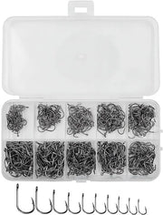 Haken per pesca a carbonio - 300 pezzi - per acqua dolce e marina - contenitore di conservazione - 10 misure - attrezzo per pescare