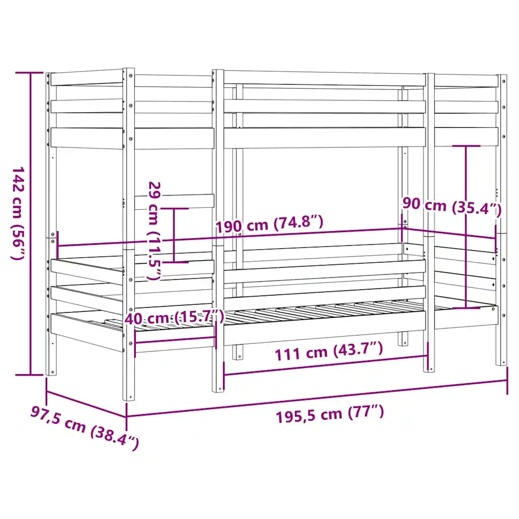 Letto a Castello senza Materasso Bianco 90x190cm Massello Pino 3284222