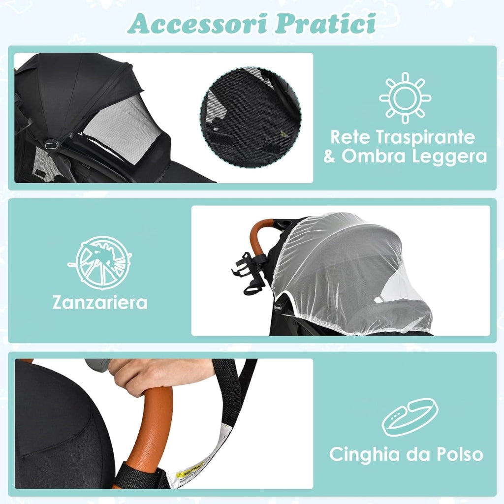 Passeggino Leggero per Bambini, Carrozzina con Schienale Regolabile, Passeggino Pieghevole con Ruote Universali, Sacco a fondo,per Bambini 0-36 Mesi, Portata 15 kg(Nero)
