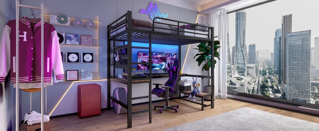 DESMIU Letto a Soppalco 1 Piazza con Scrivania, USB, Tipo C, LED, Scaffali e Pannello Forato 90 × 200 cm senza materasso