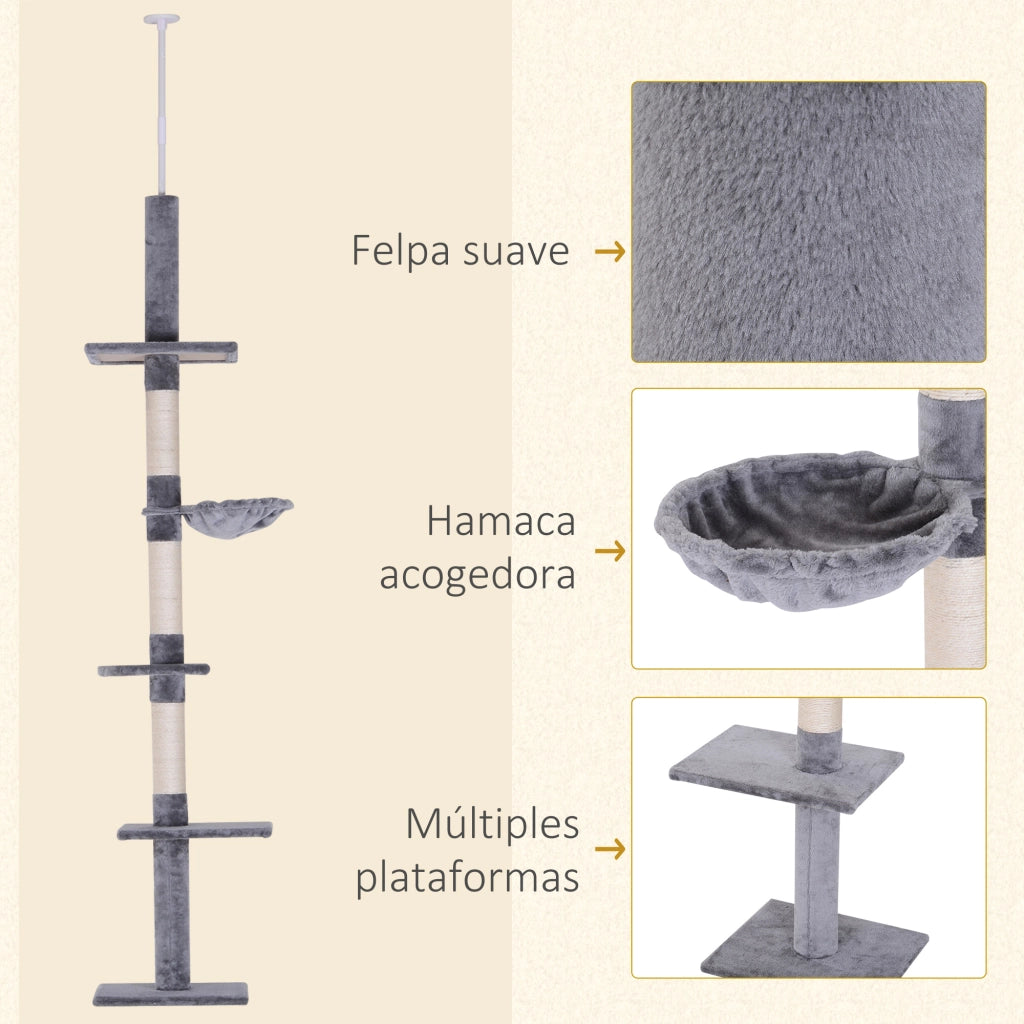 Tiragraffi per Gatti da Pavimento a Soffitto ¨C Xylo ¨C Altezza Regolabile 230-260 cm con Piattaforme Amaca e Pali in Sisal Grigio