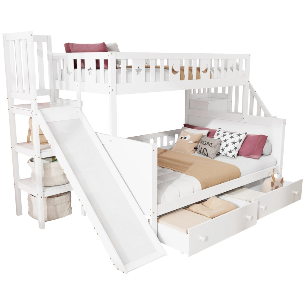 Letto a castello per bambini con scivolo e cassetti, bianco