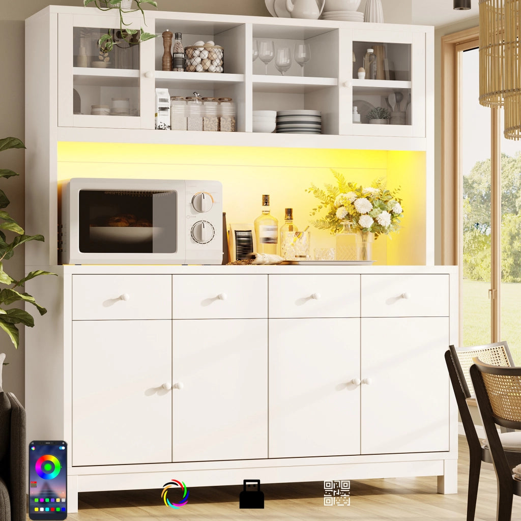 Credenza alta con LED RGB e ante in vetro 4 cassetti ripiani regolabili in MDF bianco 140 × 38,5 × 180 cm