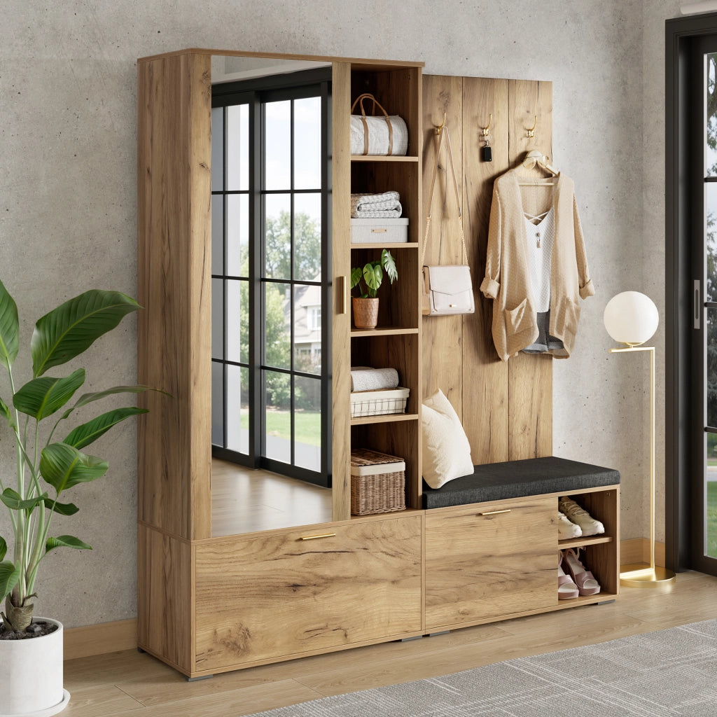 Mobile ingresso con specchio; scarpiera; panca; asta estraibile e 4 ganci - 160x38x180 cm