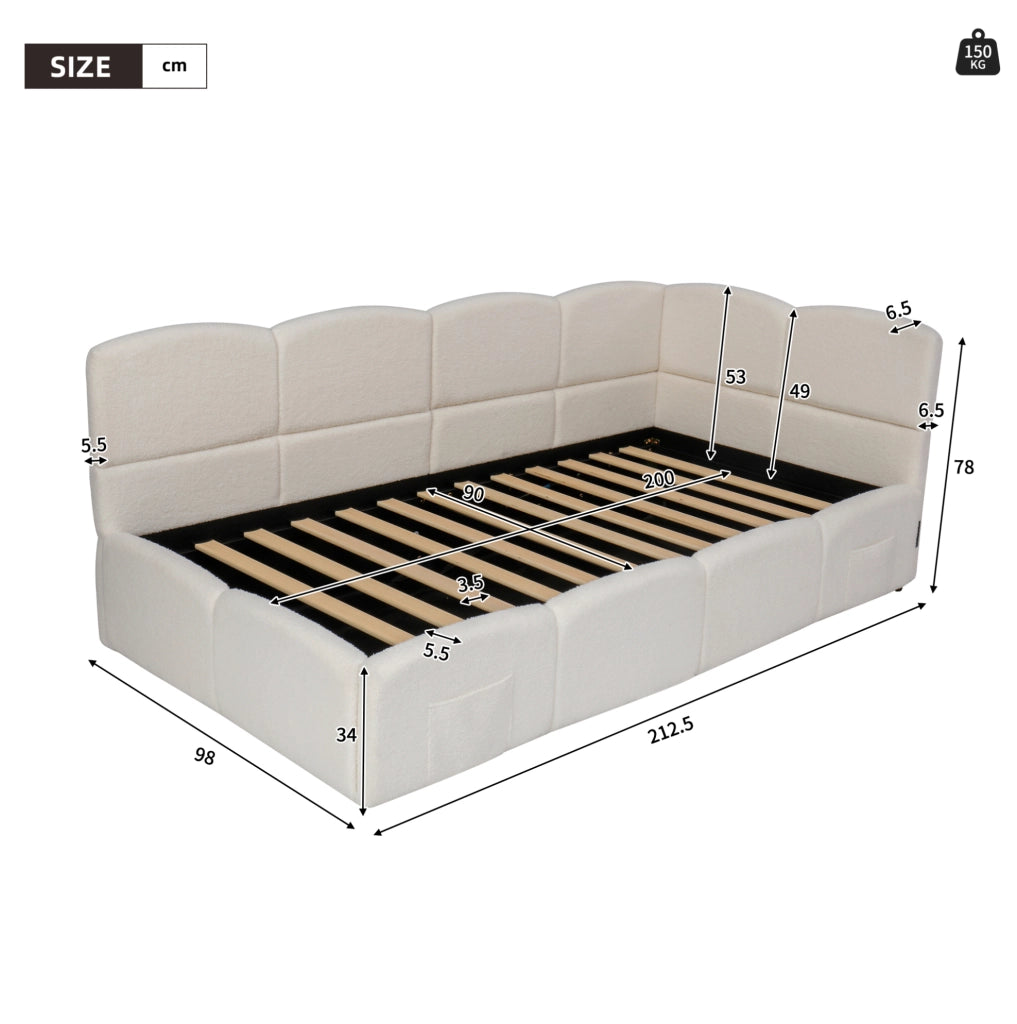 Letto contenitore 90x200 cm con USB A e USB C; tasche laterali; tessuto bouclé beige
