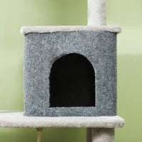 Albero per Gatti Multilivello Alto 132 cm con Casetta, Lettino, Pali Tiragraffi, Spazzola e Pallina, Grigio