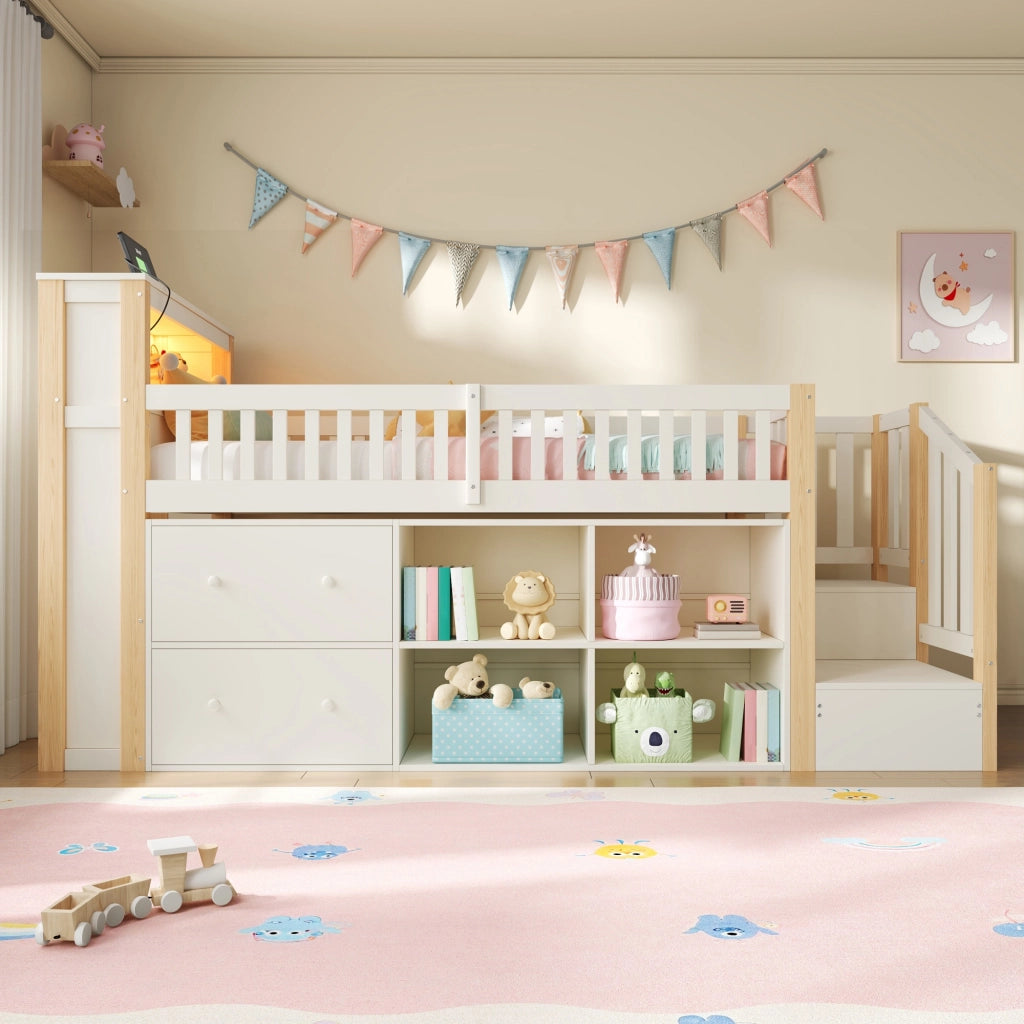 Letto rialzato per bambini 90x200 cm con cassetti; vani portaoggetti; scala contenitore e LED; bianco