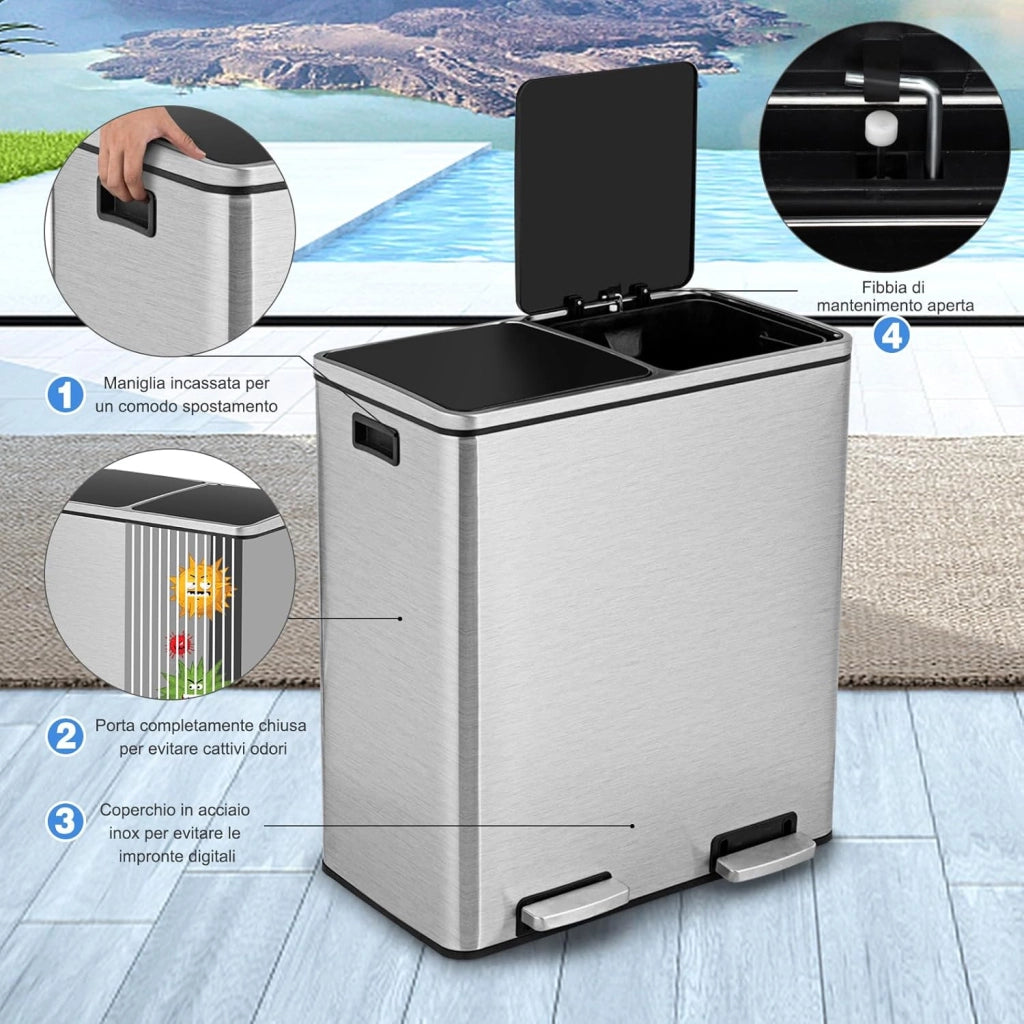 60 L Pattumiera per Differenziata 2 Scomparti, Secchi Spazzatura a Pedale in Acciaio, Cestino per la Spazzatura per il Bagno Cucina Ufficio Casa, 60 x 33 x 66 cm