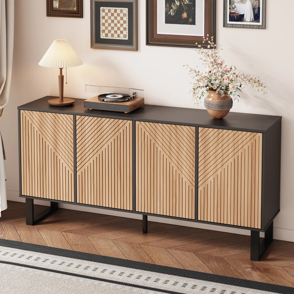 Mobile TV con 4 Ante e Vani Aperti; Frontali 3D a Righe; Stile Moderno; in MDF; 160??38??75 cm; Nero Naturale