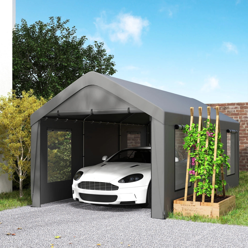Tenda Garage 3x6 m con Pareti Laterali Amovibili, 2 Porte ad Avvolgimento e 4 Finestre ¨C zephmum ¨C Grigio Scuro