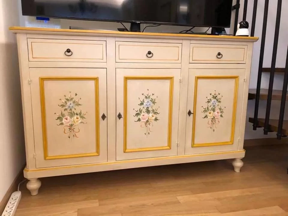 Madia credenza 3 porte avorio patinato con decori l.150 p.43 h.98 - Mobili 2G