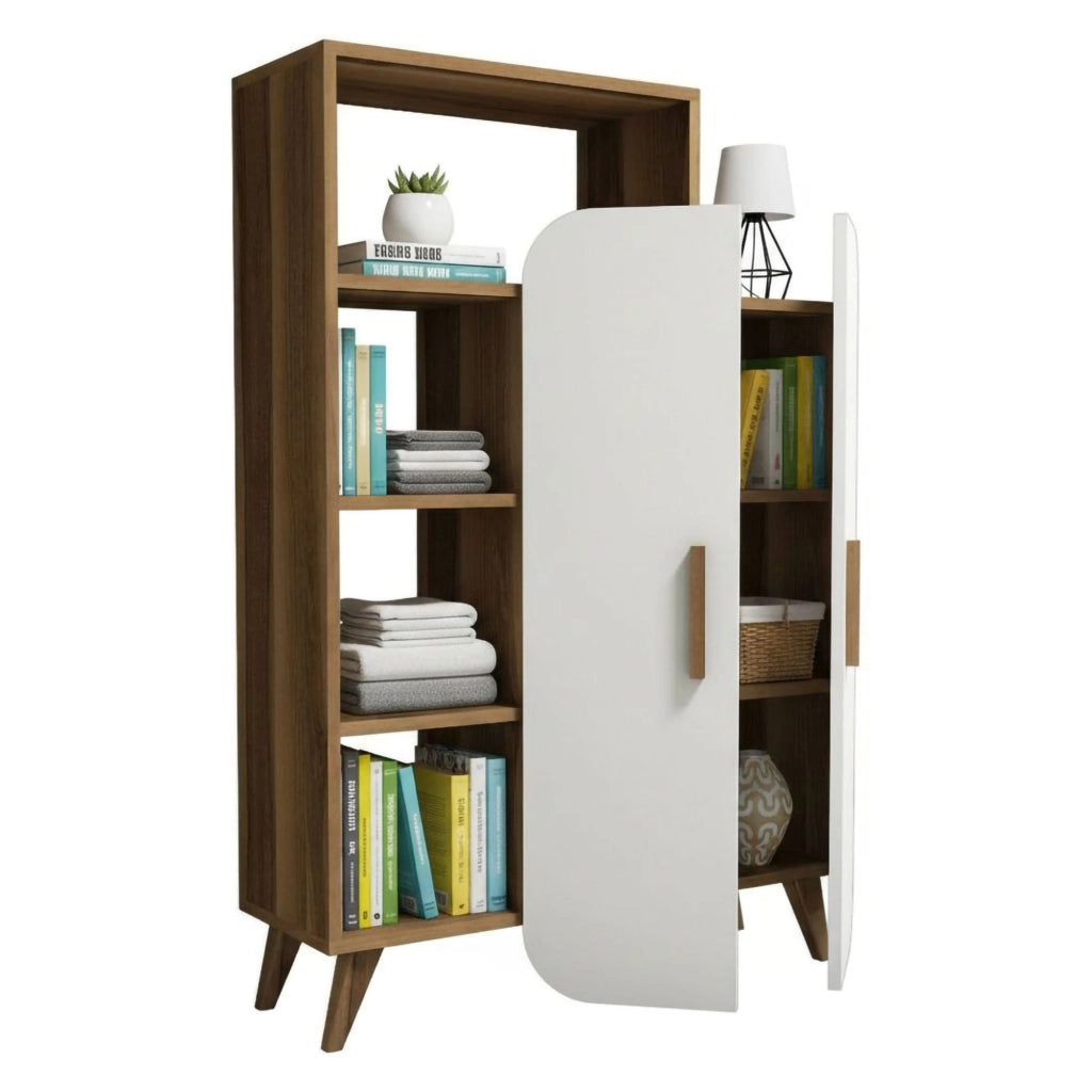 Credenza Tormalina, Buffet da soggiorno, Madia da salotto, Dispensa da cucina, 90x32h132 cm, Noce e Bianco