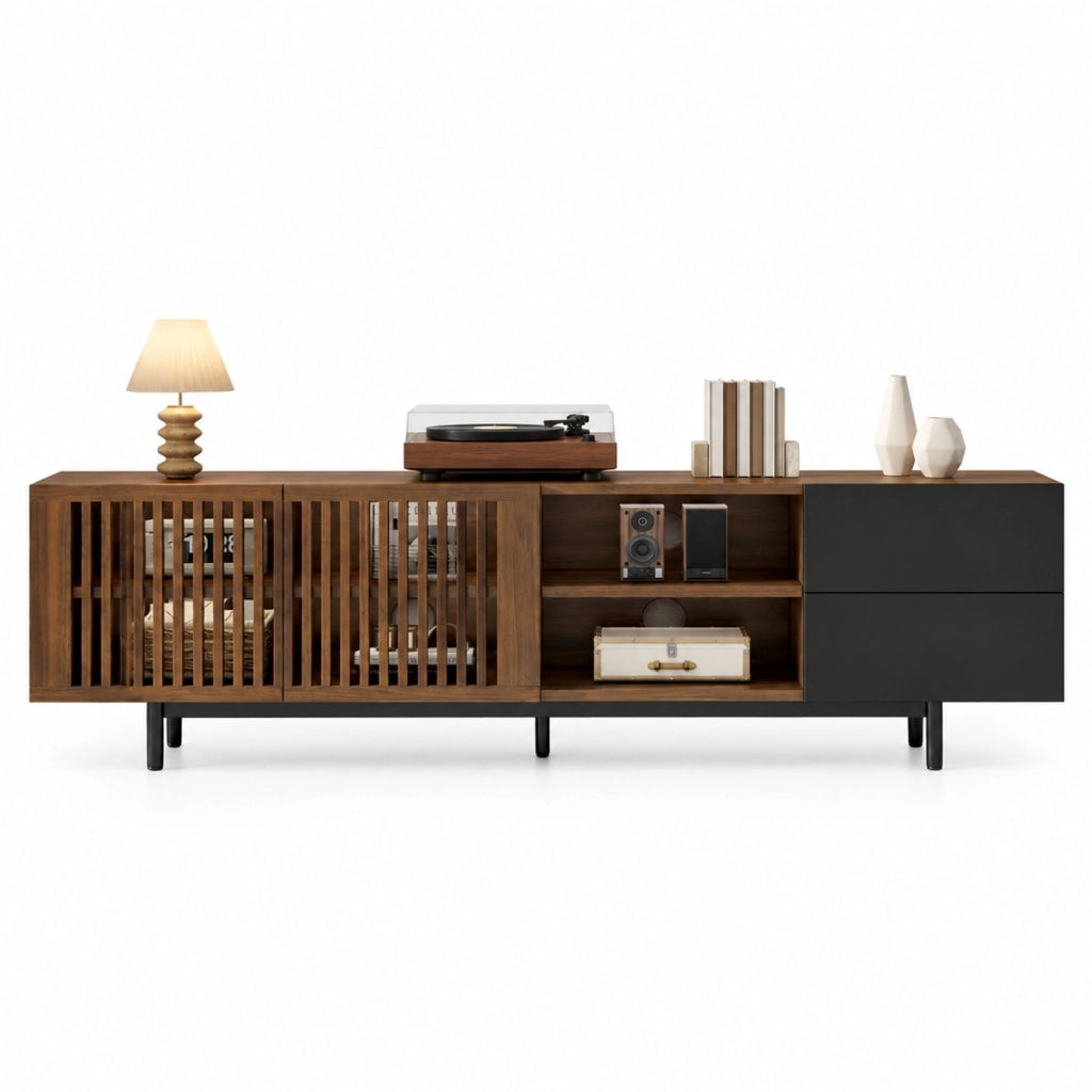 Mobile TV 160x38x50 cm con ante a lamelle e cassetti in MDF nero e noce