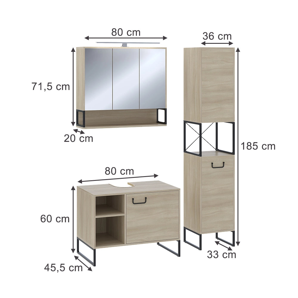 Vicco Set di mobili da bagno Quercia/nero 3 parti