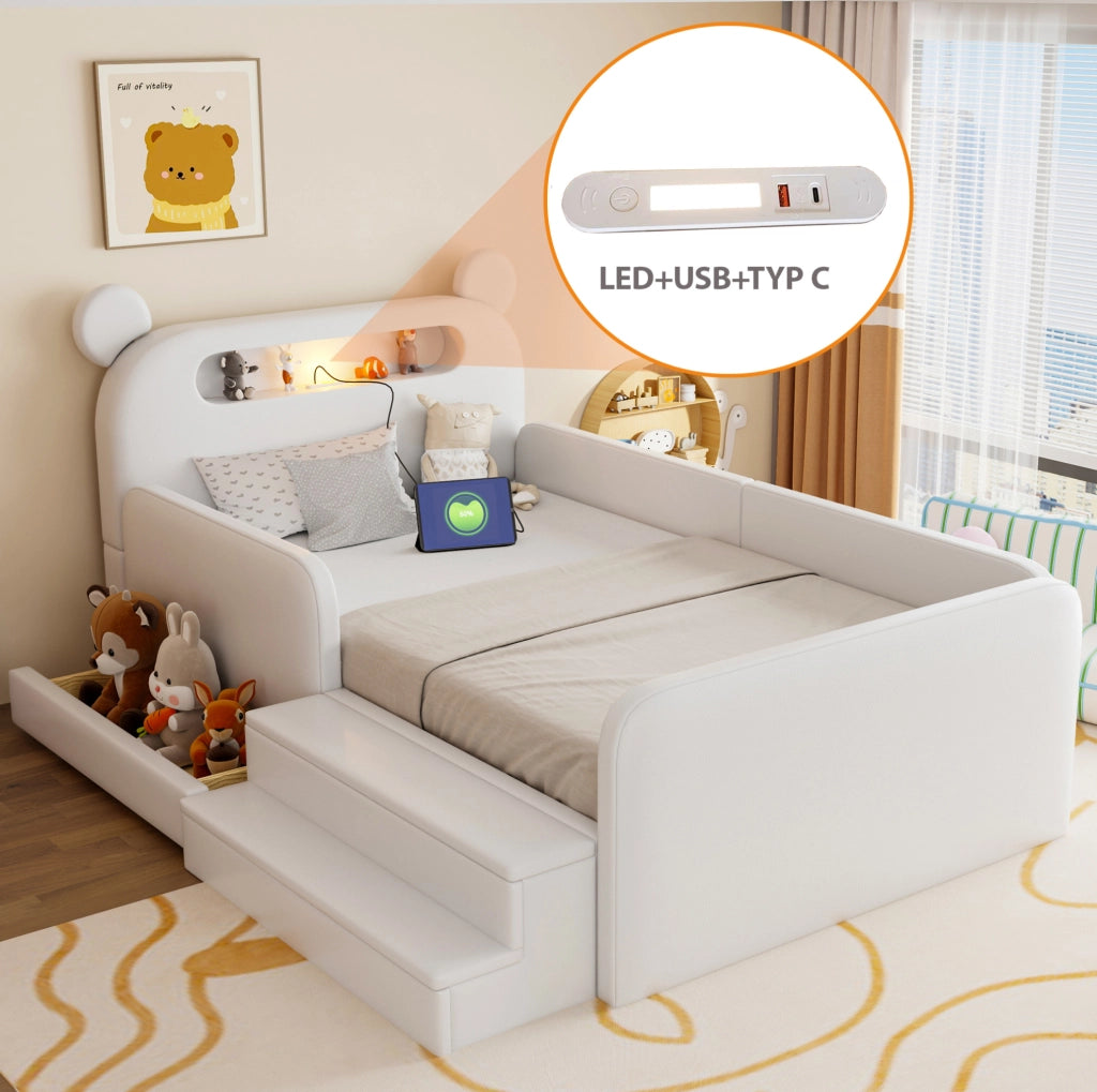 Letto imbottito per bambini 90x200 cm con testiera a orso; luce notturna; USB e contenitore; bianco