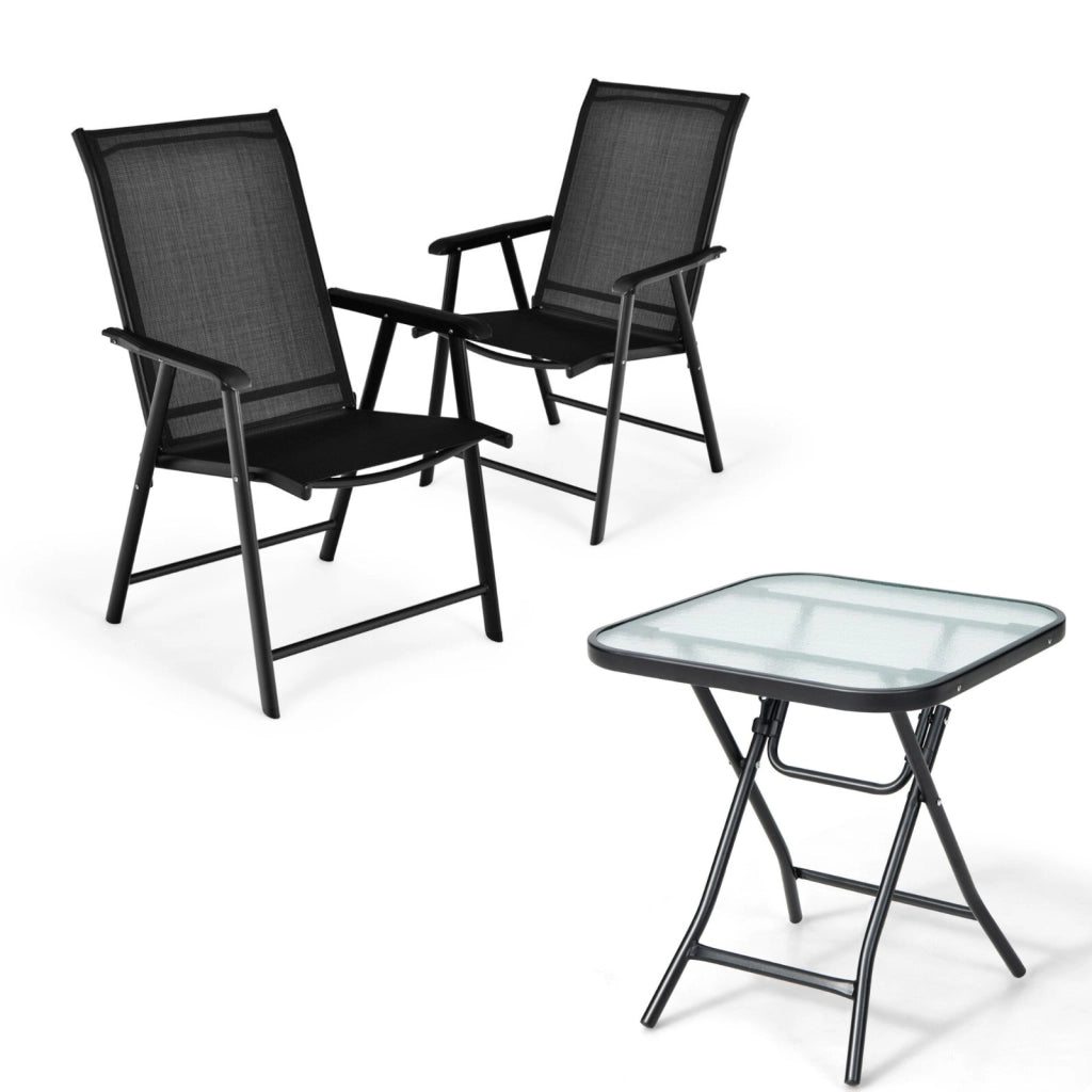 Tavolo bistr¨° quadrato e set di 2 sedie pieghevoli e portatili da esterno, Tavolo da pranzo pieghevole e set di 2 sedie per veranda Nero
