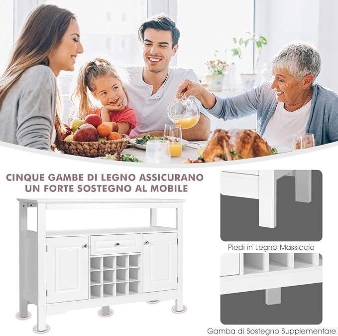 Credenza Moderna con Tanto Spazio, Credenza Cucina con Porta Bottiglie di Vino a Forma Incrociata, Mensola Aperta, 2 Armadietti e Cassetto, 117 x 40,5 x 82,5 cm (Bianco)