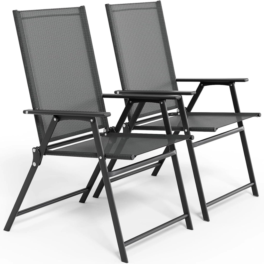 Set di 2 Sedie da Giardino Pieghevoli, Sedie da Campeggio con Schienale e Braccioli, Struttura in Metallo, Portata 120kg, Sedia Pieghevole Leggera per Balcone, Terrazza, Nero