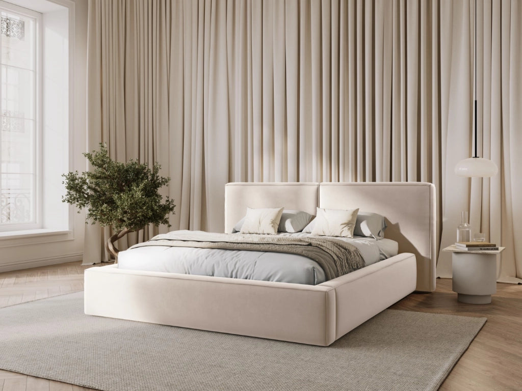 Cosmopolitan Design - Letto a cassettone con testiera doppia "Arendal" 200x200cm in velluto beige chiaro 