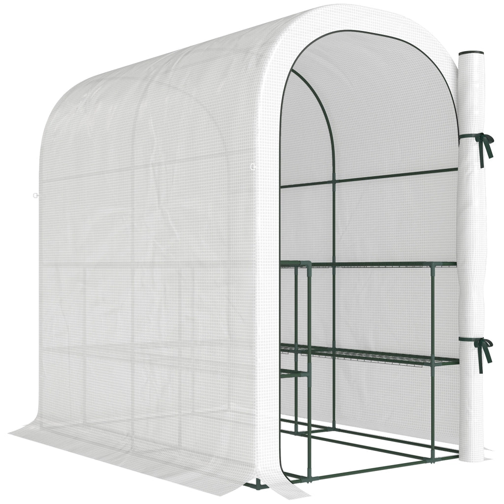 Serra da Giardino 123x187x189 cm con Scaffali a 2 Livelli e Porta Avvolgibile in Acciaio e PE Bianco