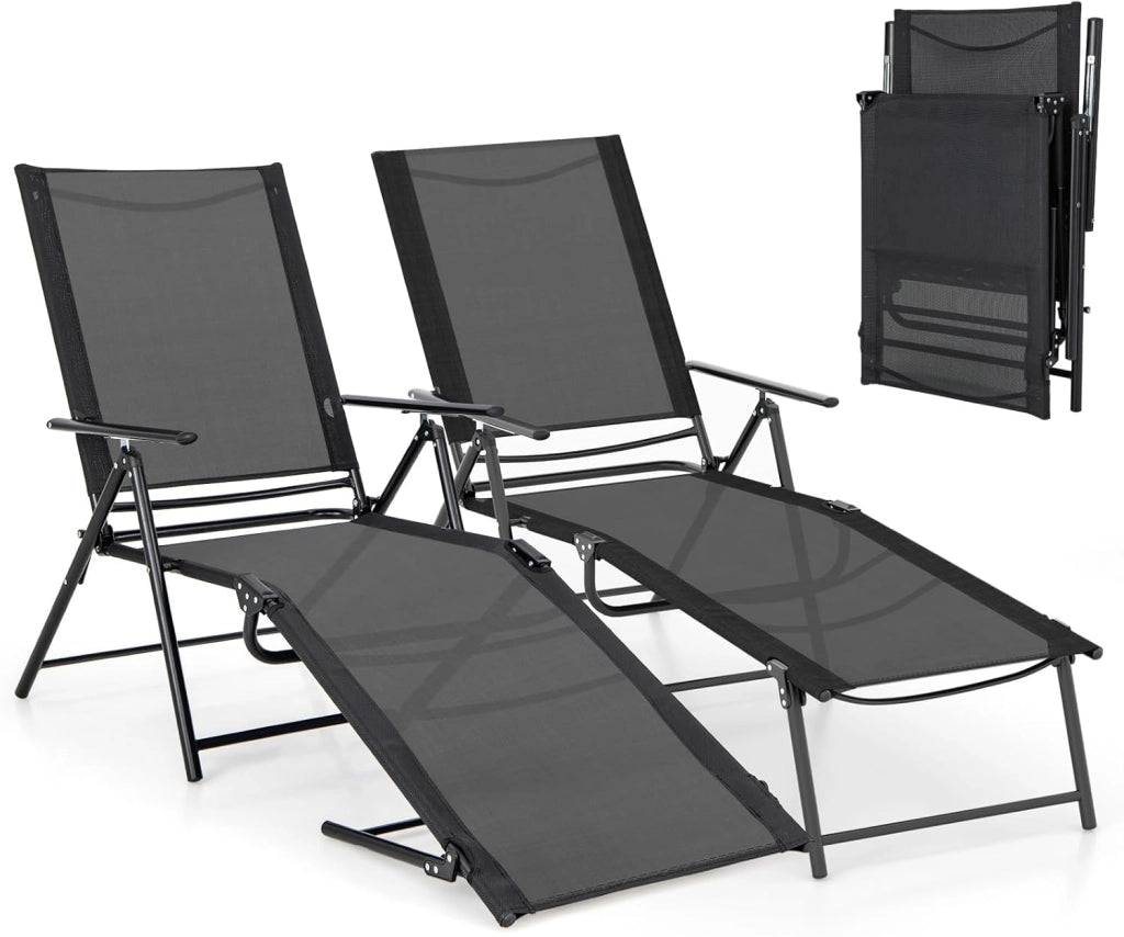 Set di 2 sedie a sdraio pieghevole con schienale regolabile, sdraio da spiaggia per giardino, spiaggia, piscina (nero)