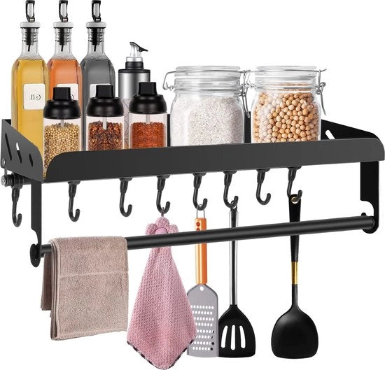 Kruidenrek per parete senza forare, con 8 ganci, kruidenrek, acciaio inossidabile appeso, mobile per cucina, parete, acciaio inossidabile 304, mobile per cucina appeso, per bagno e cucina (40 cm, nero)