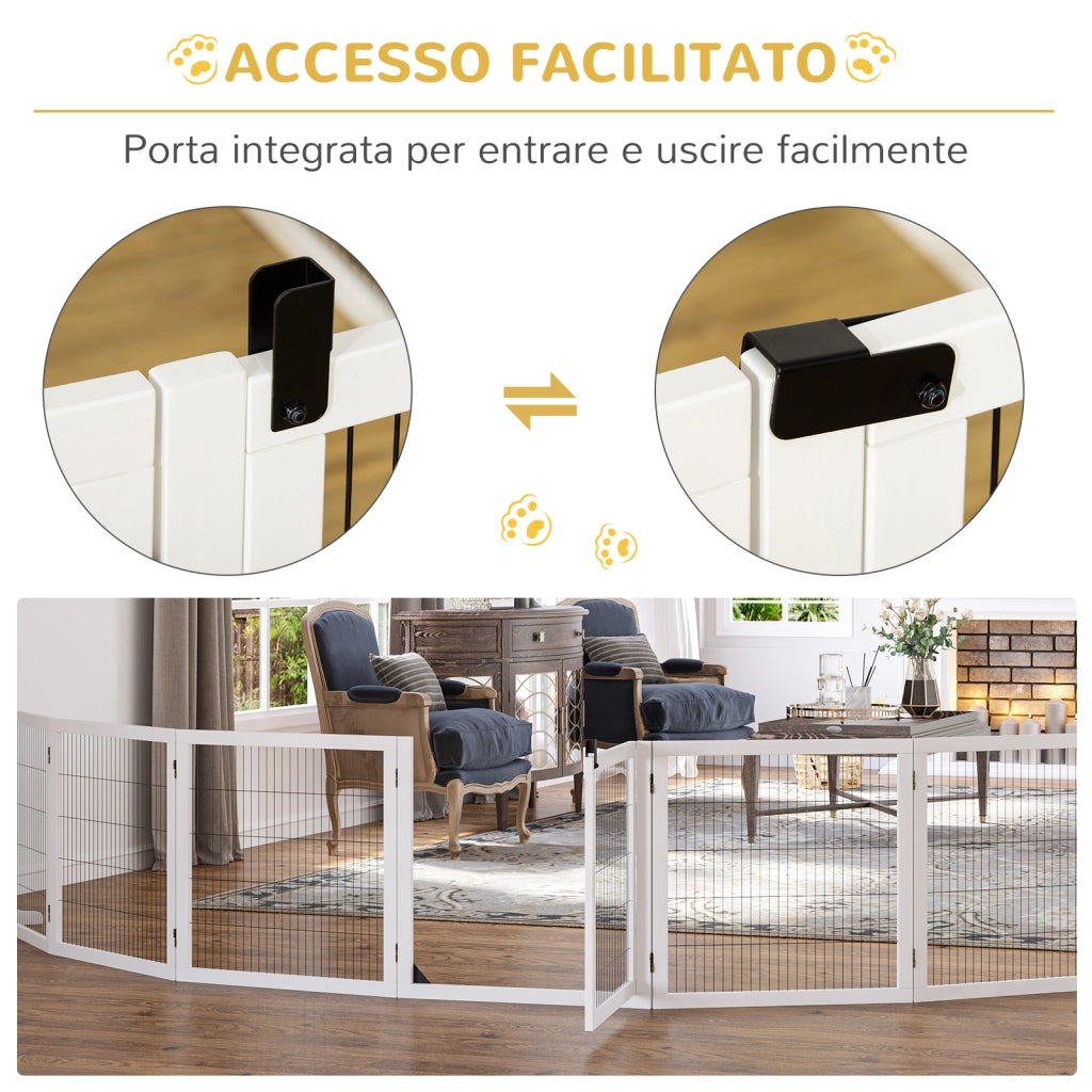 Recinto per Cani Pieghevole a 6 Pannelli ¨C Xylo ¨C Legno e Acciaio, 432x36x70 cm, Bianco