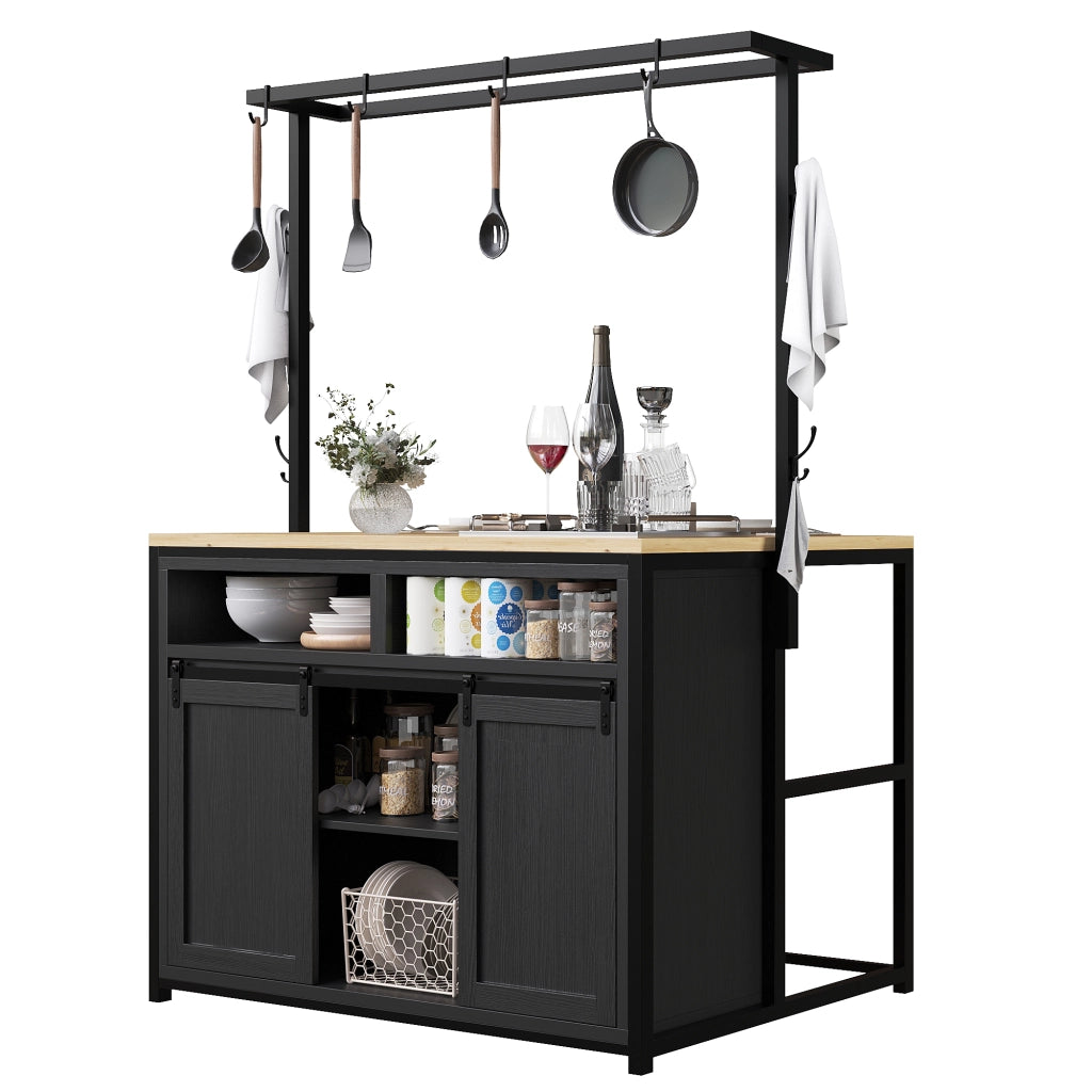 Mobile da cucina, tavolo da bar, con prese di corrente, ganci, finitura effetto legno, nero e color legno naturale