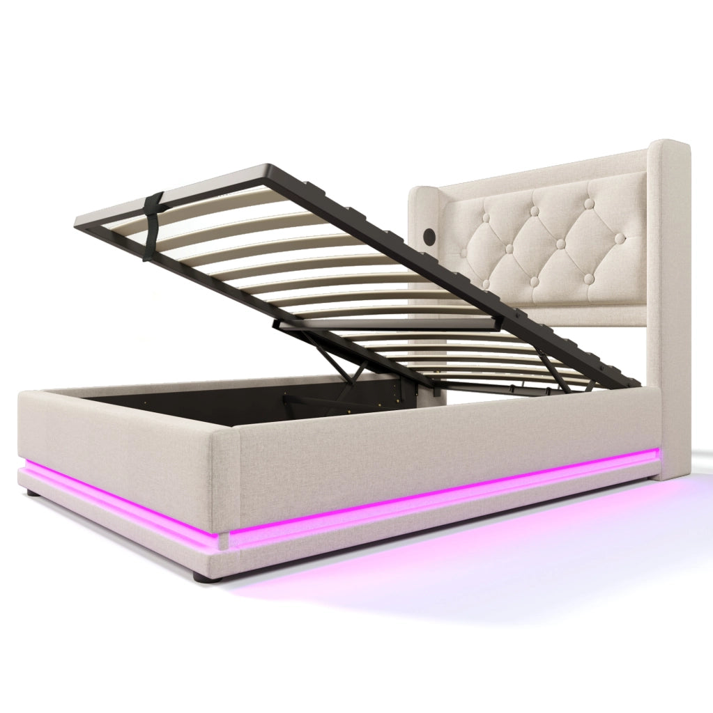 Letto singolo contenitore ULEVR 90x200 cm beige con materasso, LED 3 lati, USB e Type-C