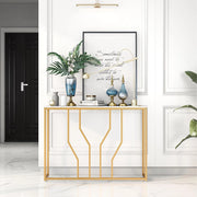 Tavolo Consolle Effetto Marmo, Tavolo d'ingresso con Struttura Geometrica in Metallo, Tavolino da Divano Bianco Oro, 110x30x80 cm