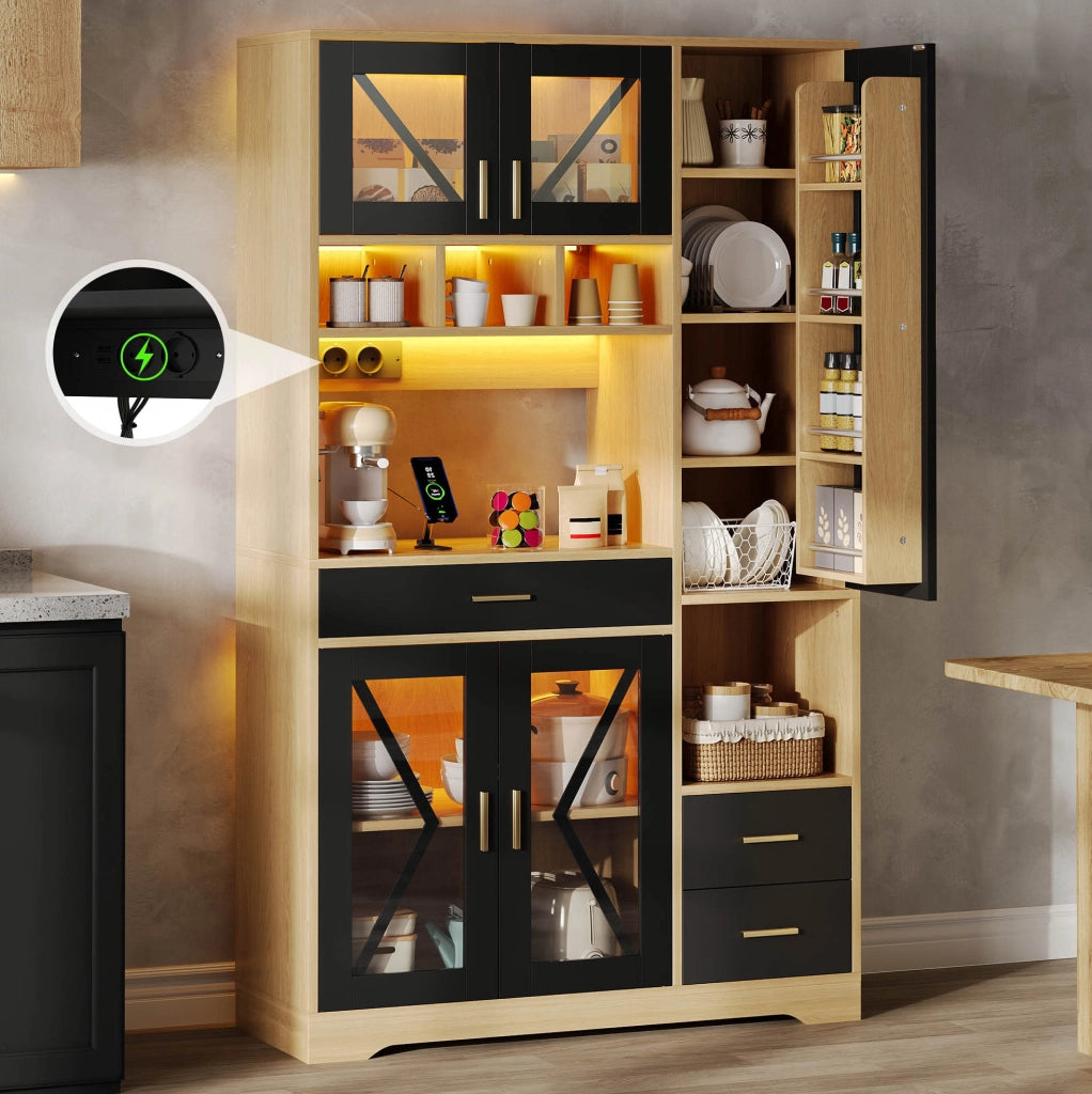 Credenza buffet in MDF 105x40x185 cm; stile vintage; con LED RGB; prese USB e porte in vetro