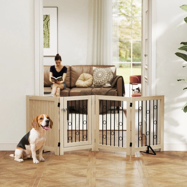 Cancelletto per cani pieghevole con porta in legno e acciaio naturale