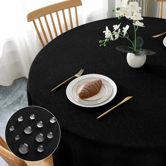 Tavolo Rond Copri Tavolo Φ100cm, Copri Tavolo Nero con Aspetto di Lino Lavabile Copri Tavolo in Poliestere Idrorepellente con Effetto Lotus, Resistente ai Marcature Permanenti per Soggiorno, Cucina, Terrazza, Giardino