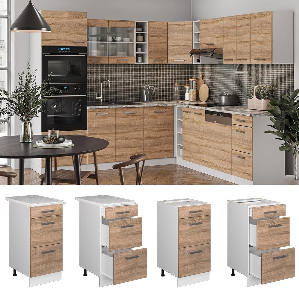 Mobiletto base per cucina R-Line, Sonoma, 40 cm con cassetti PL Marmo, per la libera combinazione all'interno di sistemi cucina modulari
