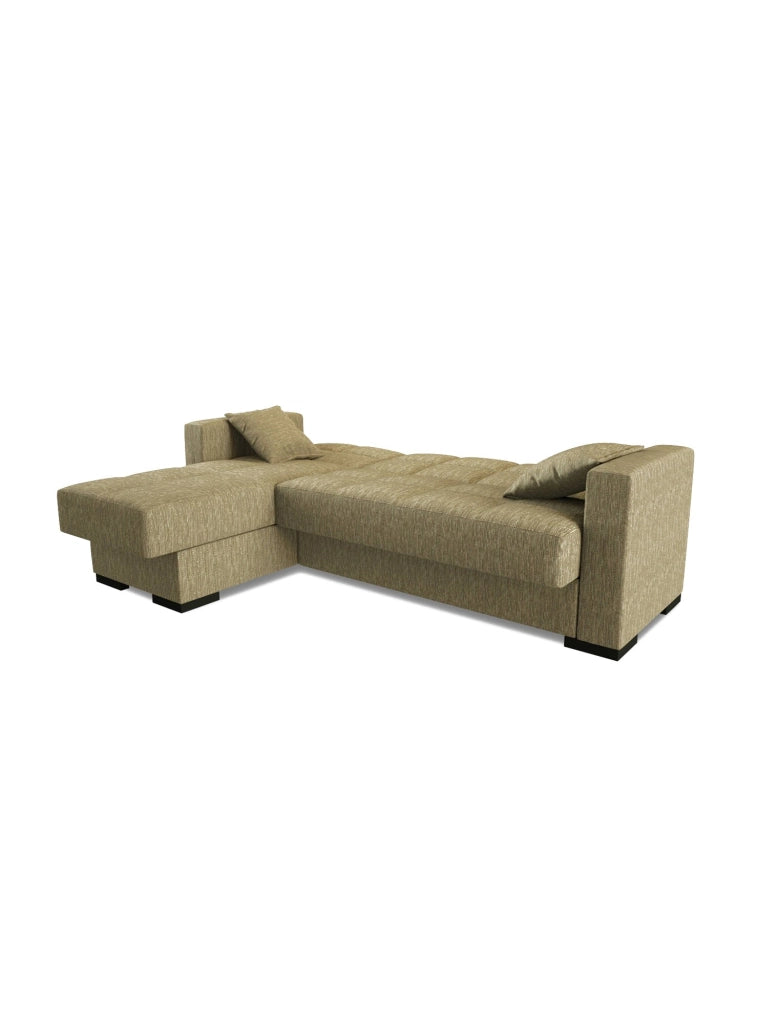Divano letto Armadillo, Divano letto ad angolo con penisola reversibile, Sofà\  contenitore da soggiorno con chaislongue e 2 cuscini, Cm 230x150h81, Beige