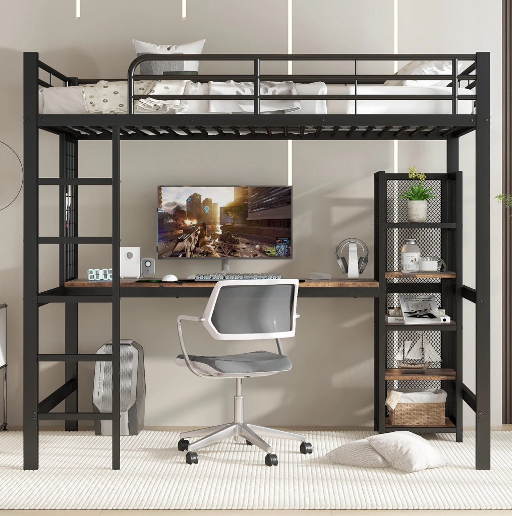 Letto a soppalco 90x200 cm con scrivania, scaffale e rete metallica