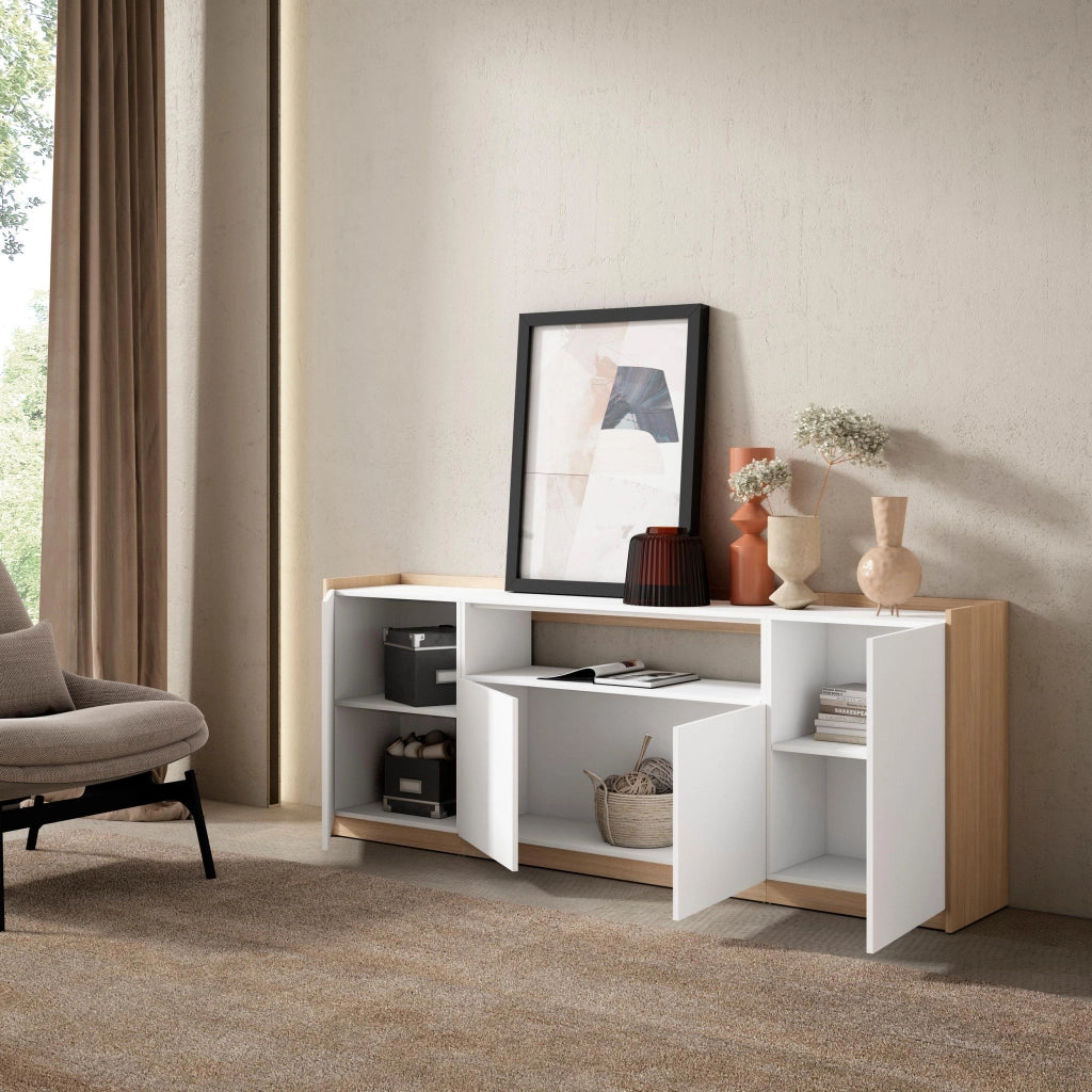 Credenza, Mobile, Cucina, 207x80x37 cm, 4 Porte, grande stoccaggio, Bianco e Rovere soft