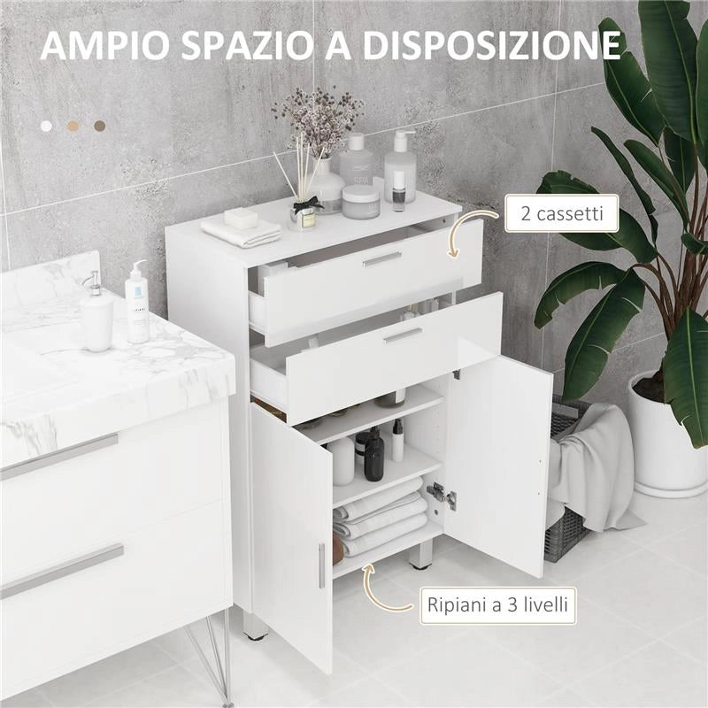 MOBILE BAGNO CON 2 CASSETTI E ARMADIETTO CON RIPIANO REGOLABILE, IN LEGNO, 60X30X93 CM, BIANCO