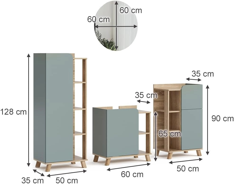 Set di mobili da bagno Karen, Sonoma/blu, 60 cm, composto da mobile lavabo, pensile a specchio, colonna e base media
