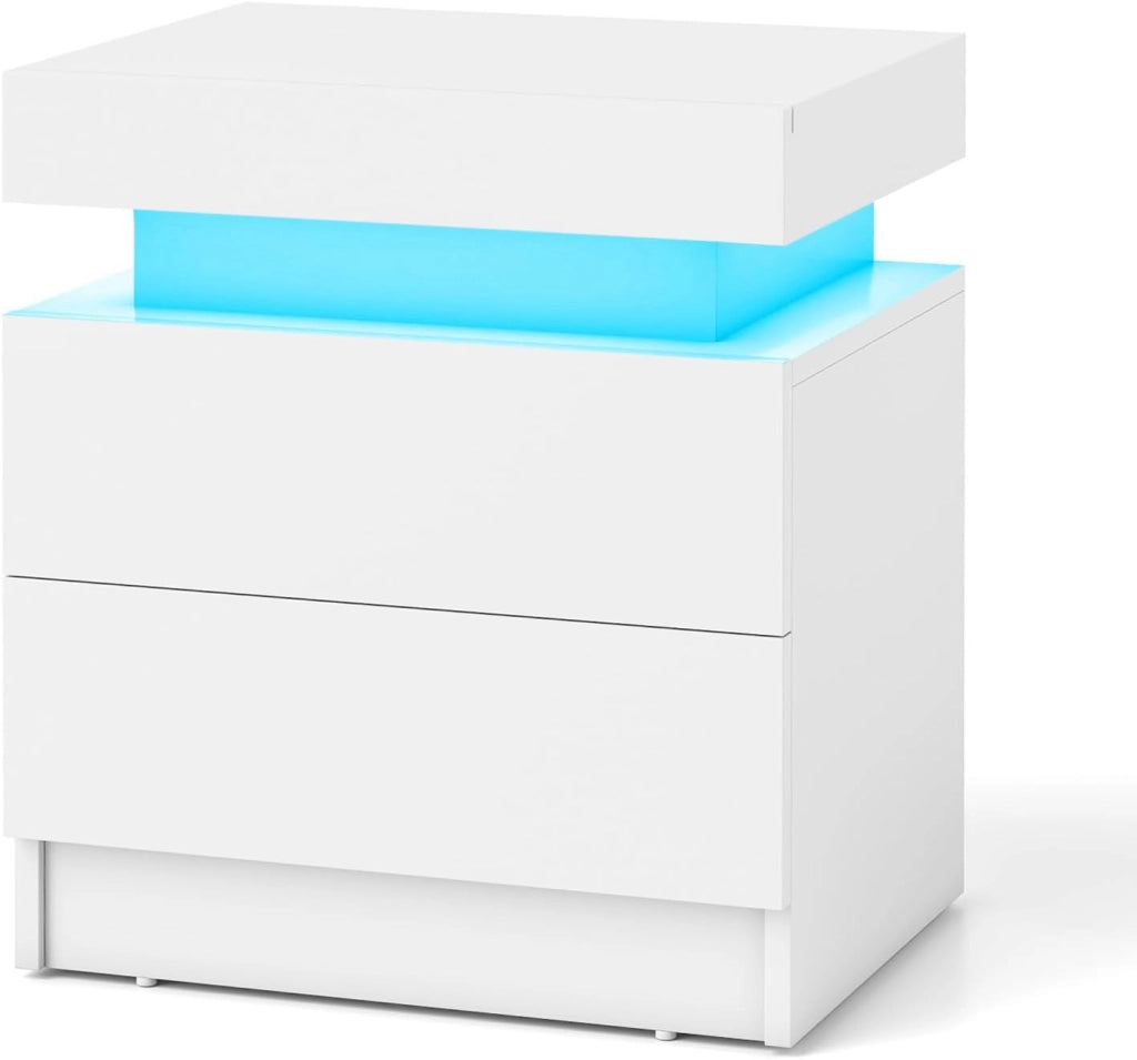 Comodino a LED, comodino in finto marmo con 2 cassetti, illuminazione a LED a 20 colori, telecomando, tavolino per soggiorno, camera da letto, 45 x 35 x 52 cm (bianco)
