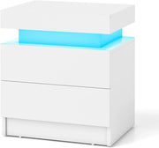 Comodino a LED, comodino in finto marmo con 2 cassetti, illuminazione a LED a 20 colori, telecomando, tavolino per soggiorno, camera da letto, 45 x 35 x 52 cm (bianco)