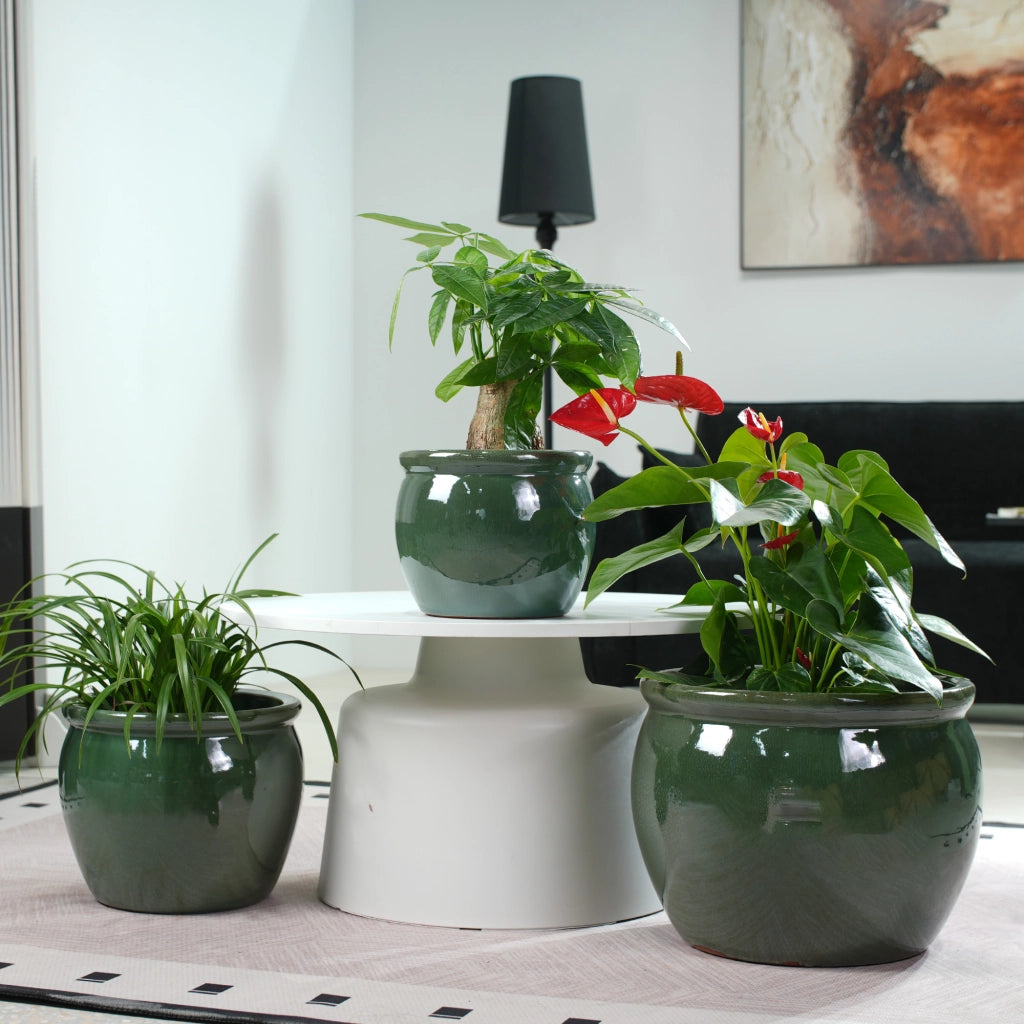Fioriera a più livelli in ceramica smaltata lucida set 3 pezzi blu verde anticato per interni e esterni