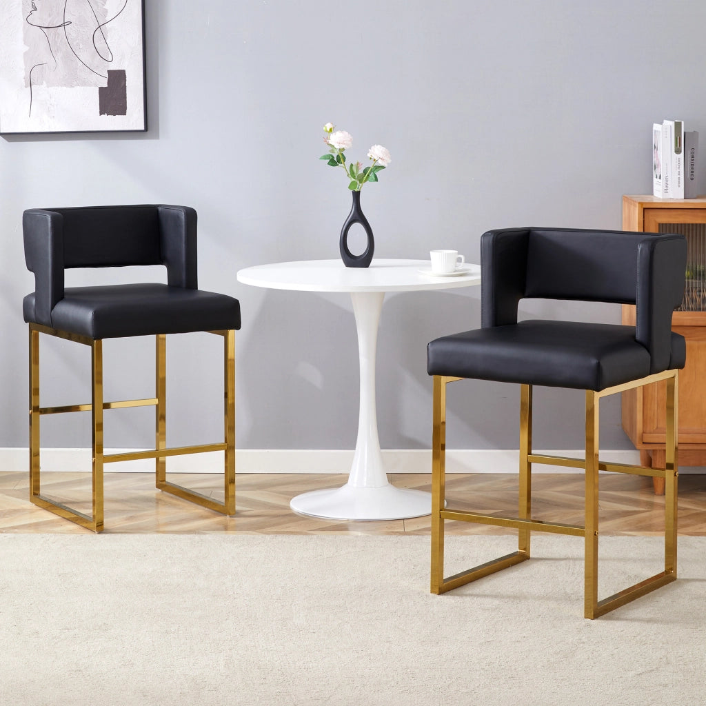 Set di 2 Sgabelli da Bar; Design Nordico con Seduta Quadrata Imbottita e Gambe Geometriche; Metallo e PU; Nero e Oro