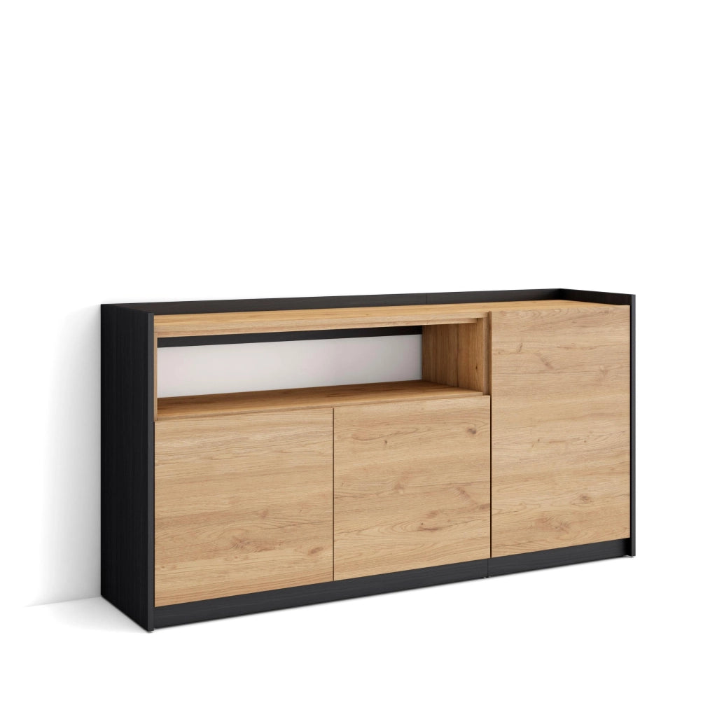 Credenza, Mobile, Cucina, 156x80x37 cm, 3 Porte, grande stoccaggio, Rovere e nero