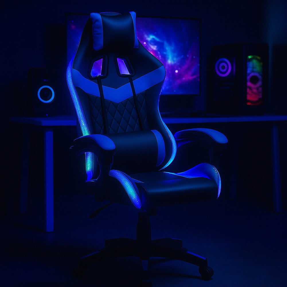 Sedia Gaming Scrivania Led RGB Ergonomica Altezza Eegolabile con 2Cuscini Nero Blu