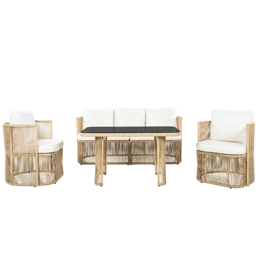 Set giardino 4 pezzi in rattan PE - Zephmum- Divano 3 posti, 2 poltrone, tavolo in vetro temperato