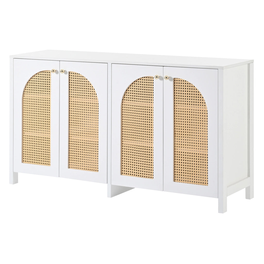 Sideboard a 4 ante; in MDF; truciolare e rattan sintetico; bianco