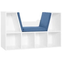 Libreria Panca 2 in 1, Design Contemporaneo, con 6 Scomparti, 3 Cuscini Inclusi, 102L x 30P x 61A cm, Bianco e Blu